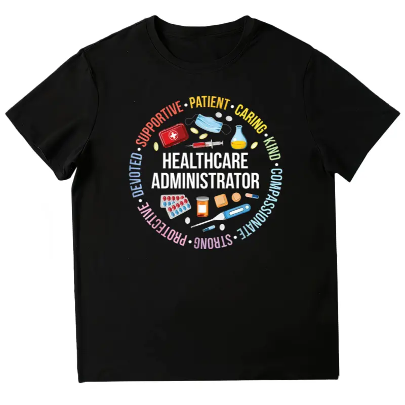 A gift for healthcare administrators—featuring inspirational quotes on patient care, kindness, dedication, and administration; a black graphic T-shirt incorporating medical icons, suitable for both hospital wear and casual, everyday use.