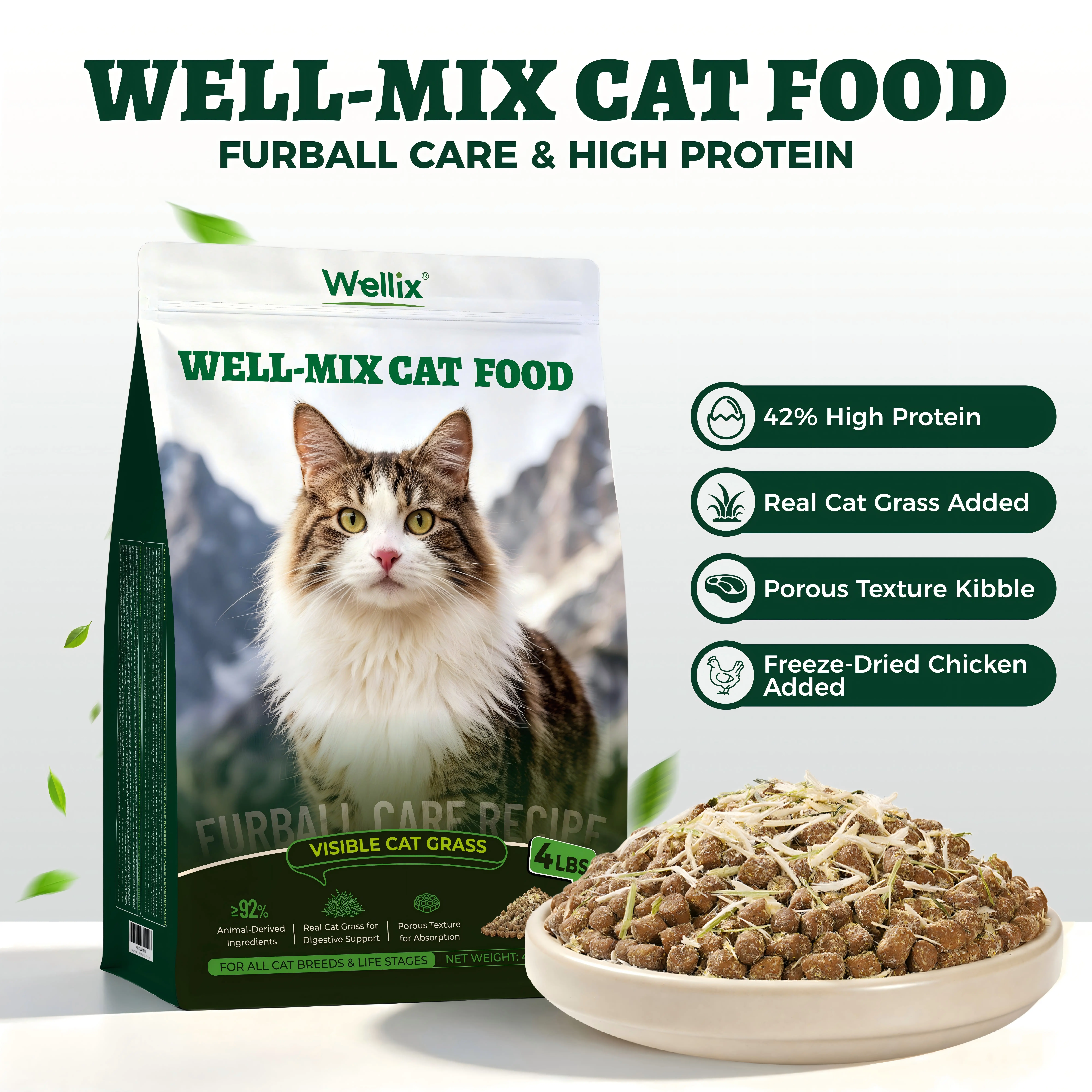 Wellix 63.5oz Hairball Aid Dry Cat Food, High-Protein Grain-Free Formula with Fresh Poultry Varieties, No Artificial Attractants，#sohochic