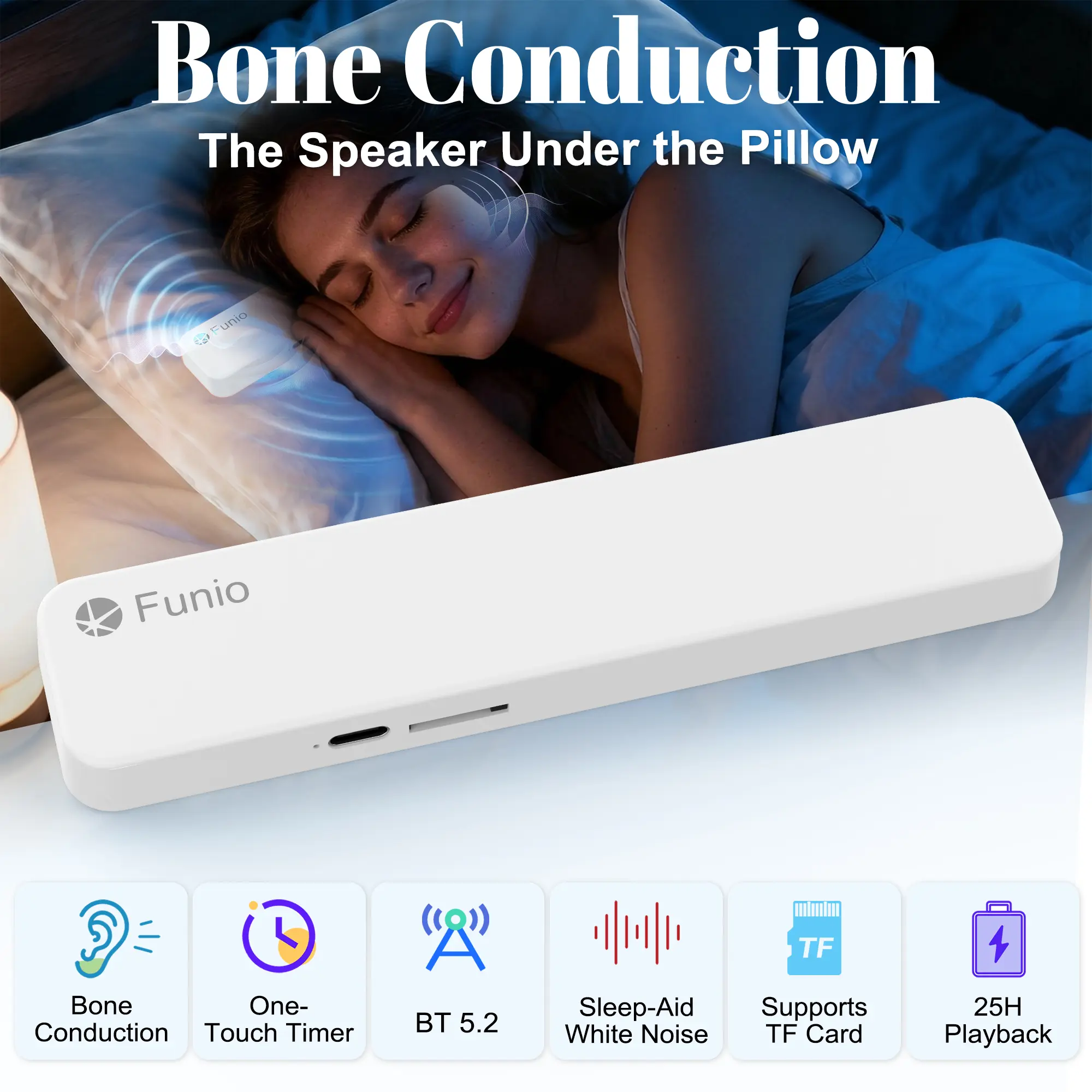 Bone Conduction Pillow Speaker for Sleeping, Bluetooth 5.2 Under Pillow Speaker with White Noise, TF Card Slot, Timer and 25H Battery Life