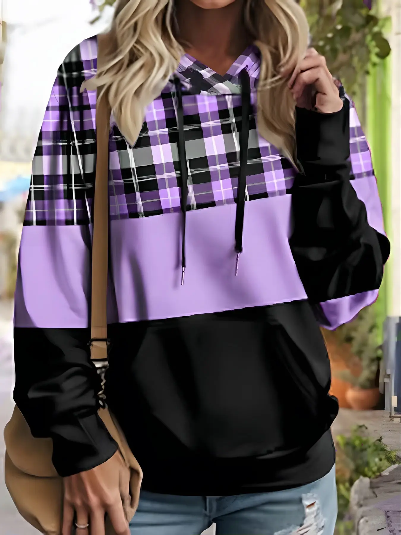 Women's Plus Size Casual Loose Hoodie Tops, Elegant Plaid Checkered Colorblock Print, Long Sleeve Drawstring Hooded Sweatshirt, Fall & Winter Fashion, Womenswear, Casual Pullover Hoodie, Casual Pullover Sweatshirts, Drawstring Hoodies