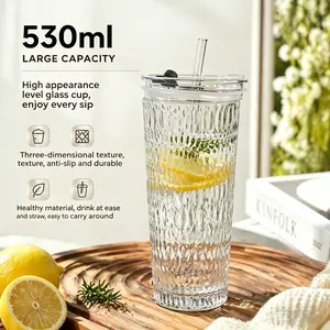 Stylish Embossed GlassTumbler 530ml with Sealed Lid & Glass Straw, Leak-Proof Travel Coffee Cup for Iced Coffee, Tea and Juice, TikTok Viral Aesthetic DrinkingGlass, Eco-Friendly Reusable Cupfor Daily Use, Perfect for Kitchen Desk and On-the-Go Lifestyle