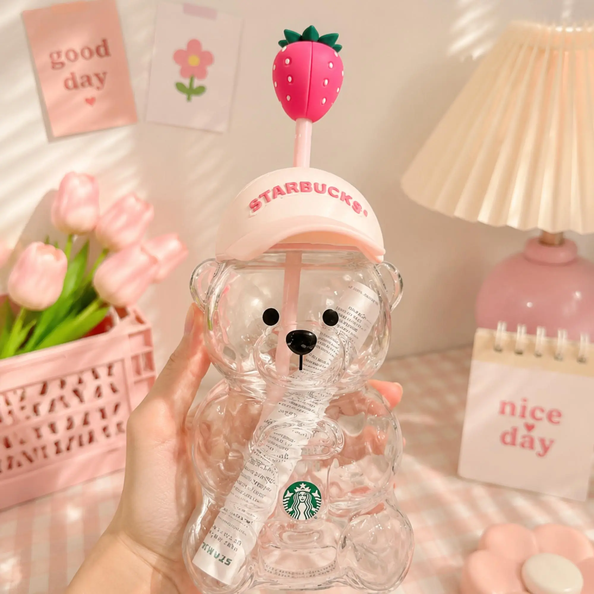 SummerWins Strawberry Bear Shaped Glass Cups, Romantic Pink & Green Teddy Bear Glass Mug with Airtight Cap, Creative Cocktail & Soda Glassware, Decorative Drinking Jar for Valentines Party Decor