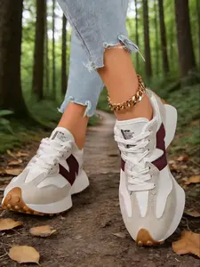 Women's Breathable Fashion Casual Sneakers, Spring Korean Style Patchwork Low-Top Shoes, Medium Width Round Toe Rubber Sole