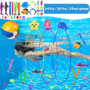 24Pcs,20 Pcs,3 Pack Diving Rings,Summer Set,Mermaid Dive Pool Toys with Diving Gems ,Treasure Chest, Diving Rings, Storage Bag,Luau Hawaiian Pool Beach Party ,Pool Party Favors and Beach Party Favors, for Teens Adults, Pool Fishes ,Dive Sticks ,Gems Swim