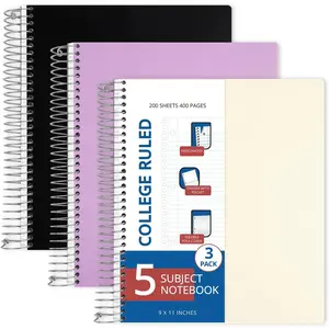 5 Subject Spiral Notebook, 3 Pack, College Ruled, 9 x 11 in, 200 Sheets Each, Poly Cover School Notebooks for Study, Homework and Test Prep, Black, , Beige
