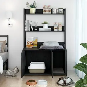 Enclosure with 2 Storage Shelves Black Hidden Cat Litter Box Furniture with Scratch Pad, Indoor Cat House Kitty Box Washroom Cat Bookshelf Cabinet