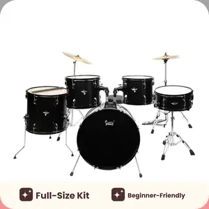 Full Size Adult 5-Piece Black Drums Kit with Bass, 2 Toms, Snare, Floor Tom, 16" Ride Cymbal, 14" Hi-Hat Cymbals, Stool, Pedal, Sticks