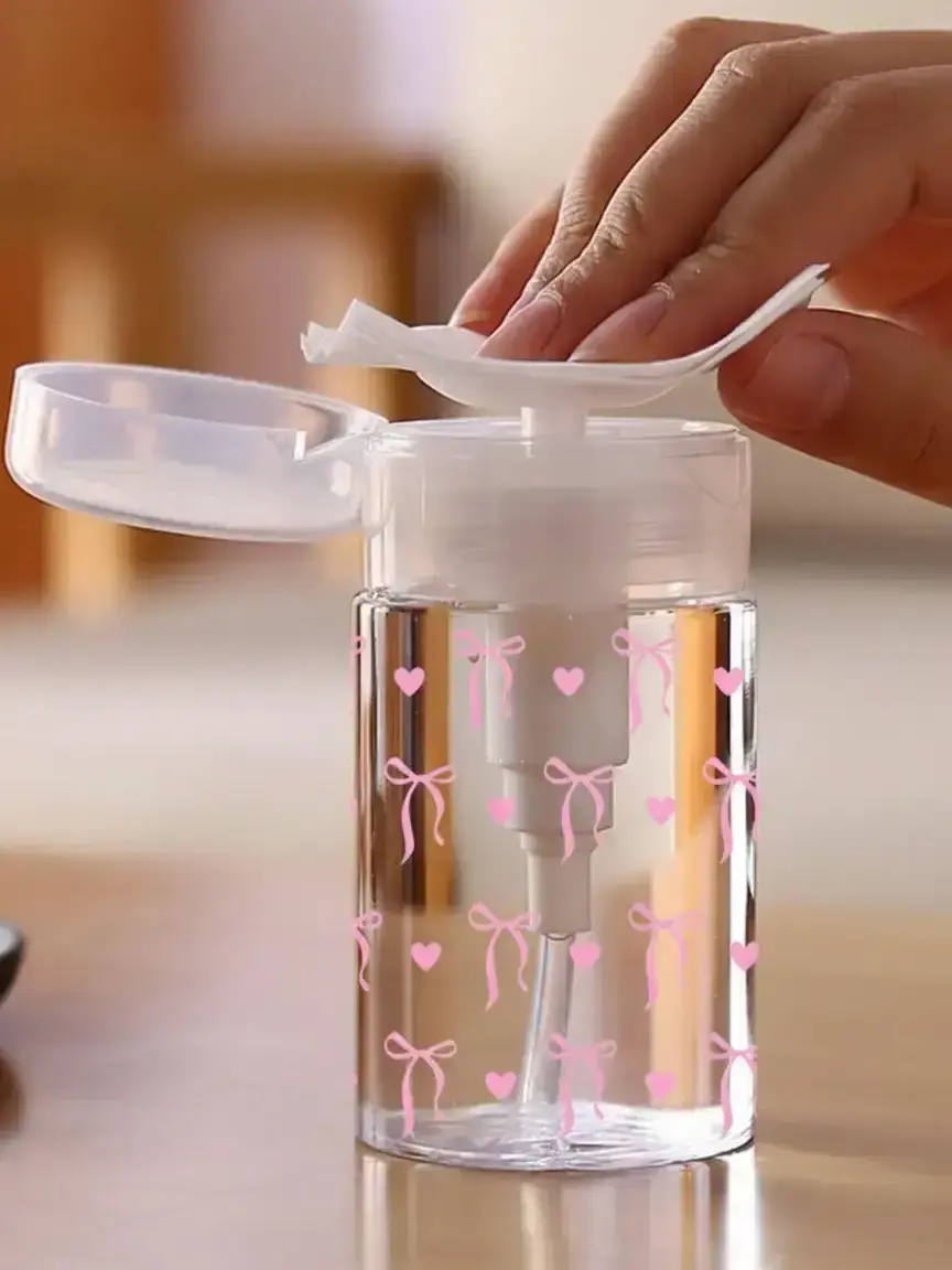 150ML/200ML/300ML Nail Polish Remover Pump Bottle, Bow Pattern Transparent Press-On Bottle, Reusable Alcohol Cleaner Storage Container, Refillable Reservoir, Refillable Design, Storage Container Dispenser