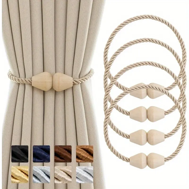 4pcs Vintage Polyester Boho Rope Curtain Tiebacks - Handmade Wooden Magnetic Holdbacks with Brown Rope, Ideal for Christmas, Halloween, Multi Home Bathroom Shower Curtain Use
