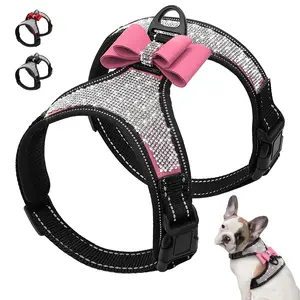 Didog Rhinestone Dog Harness Reflective Bling Nylon Vest with Sparkly Bow Tie for Small to Large Dogs Walking Party Wedding Comfortable Soft Mesh Lining Adjustable Straps,Cat & Dog Accessiories