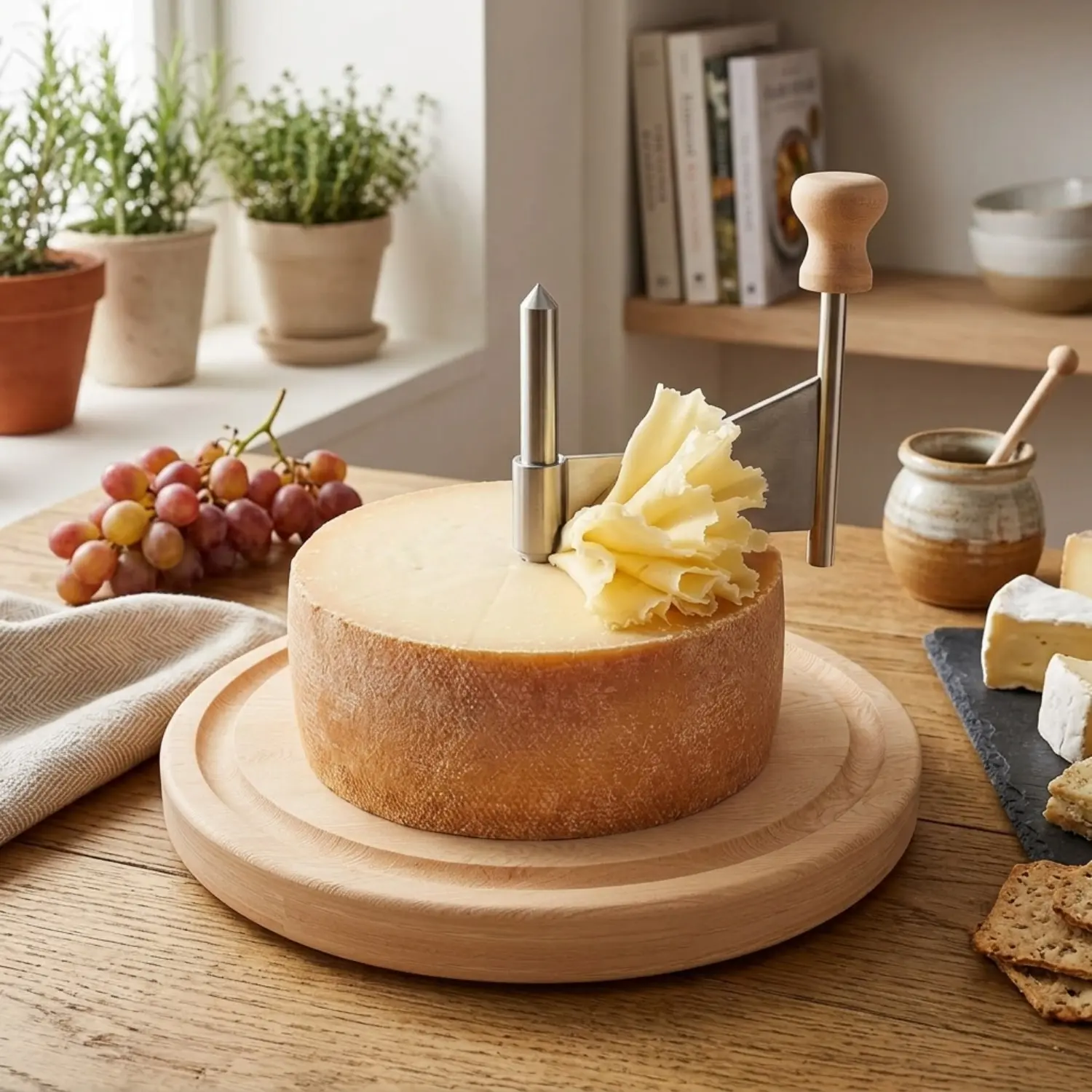 Littleox Girolle Cheese Shaver Wheel with Wooden Base, Stainless Steel Rose Cheese Curler, Sharp Blade Cheese Chocolate Cutter for Tête de Moine, Home Cafe & Dessert Shop Supplies