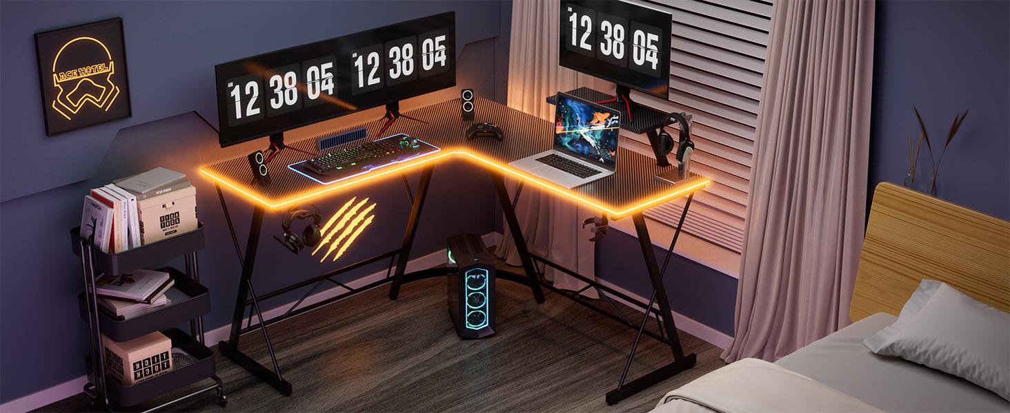 【PINK RGB Desk!!!】Mr IRONSTONE Gaming Desk with Led Lights,Corner Computer Desk with Carbon Fiber Surface,L shaped desk, Home Office Desks Writing Workstation with Large Monitor Stand, Easy to Assemble 51 Inch