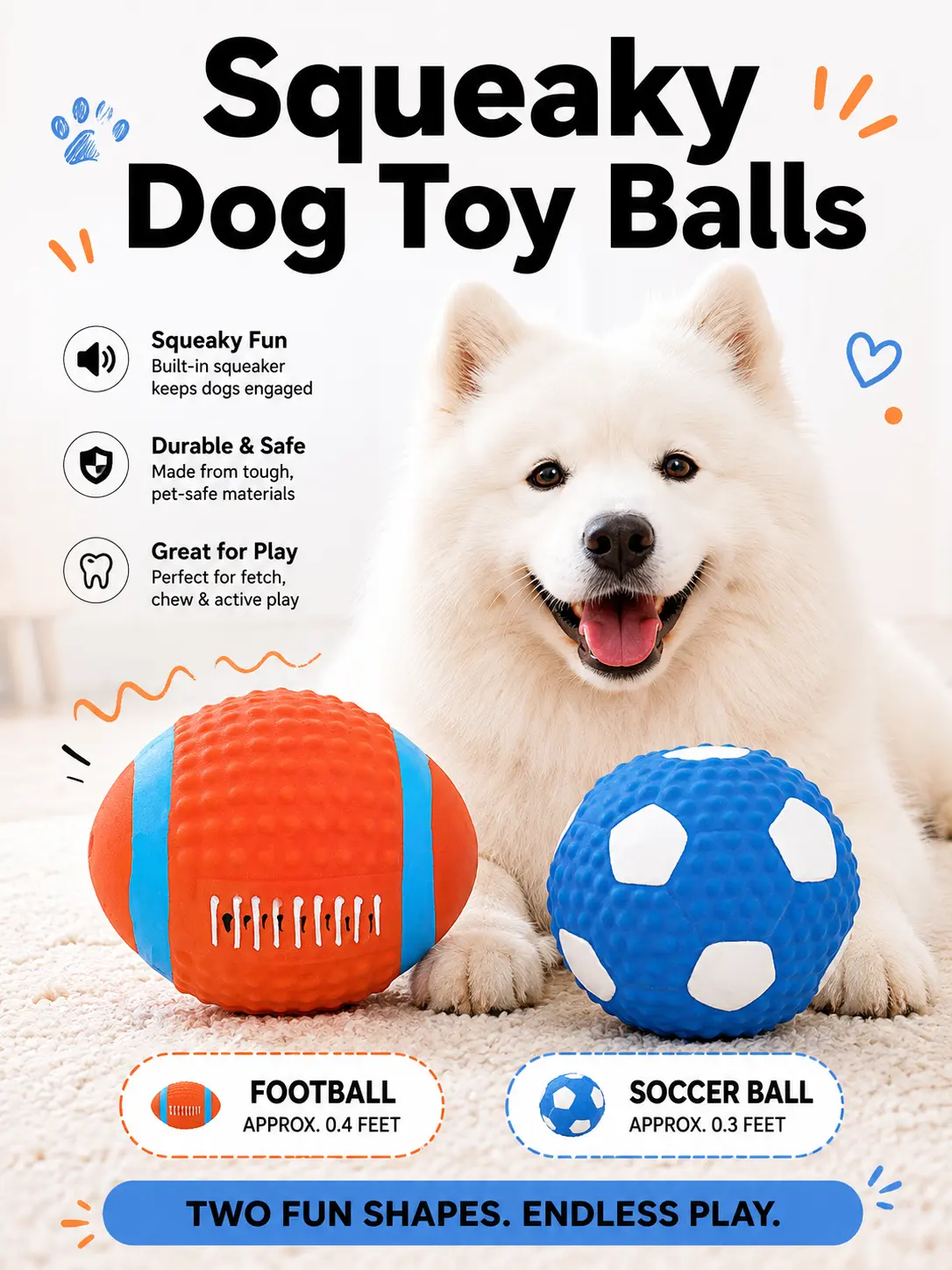 2 Pack Squeaky Dog Balls Toys, Durable Chew Toys for Large Dogs, Interactive Fetch Toys, Floating Rubber Balls for Dogs