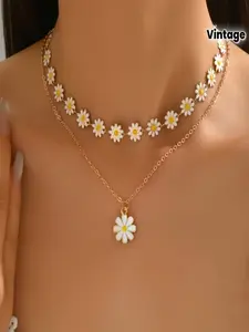 Fashion Retro Daisy Chain Pendant Necklace Set, Flower Double Layer Choker, Ideal for Daily Wear, Beach, Parties, Gifts