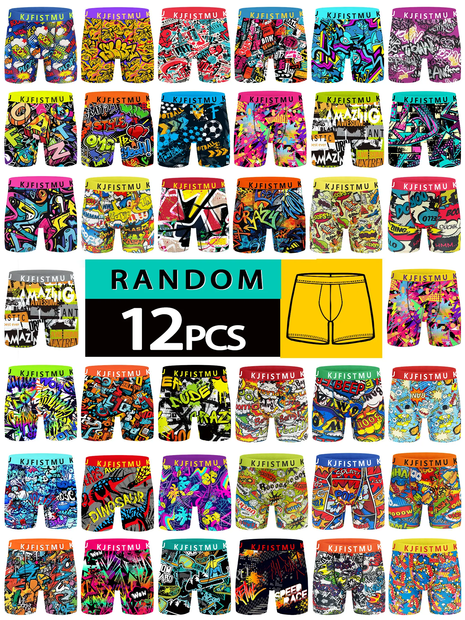 KJFISTMU 12-Piece Men's Street Graffiti Pop Art Briefs Lightweight Soft Breathable Stretch Fit Anti-Roll Hem Sport Waistband Value Pack Christmas Variety