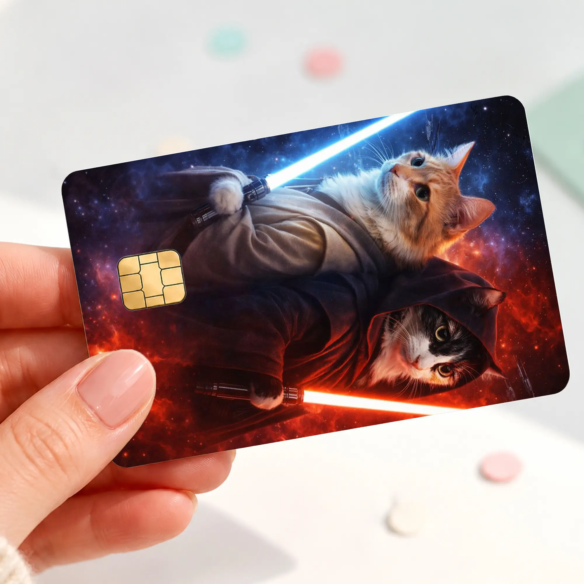 Space Cat Laser Sword Credit Card Skin, Galaxy Cat Sticker