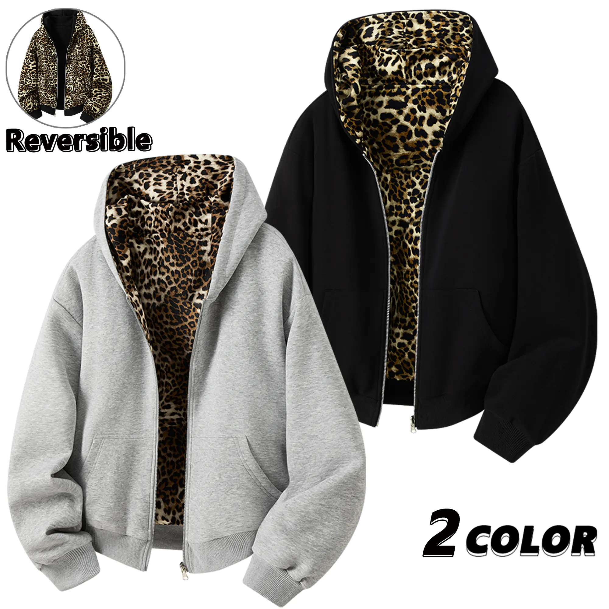 EKF Men’s reversible zip-up hooded jacket with leopard print lining | Wear two ways—solid color minimalist outer layer plus fully printed leopard lining; versatile for everyday wear at home in spring and autumn.