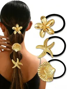 Elegant Ocean Element Hair Tie Set, Starfish Shell Egg Flower High Elastic Hair Bands, Summer Style Ponytail Headbands, Scrunchies