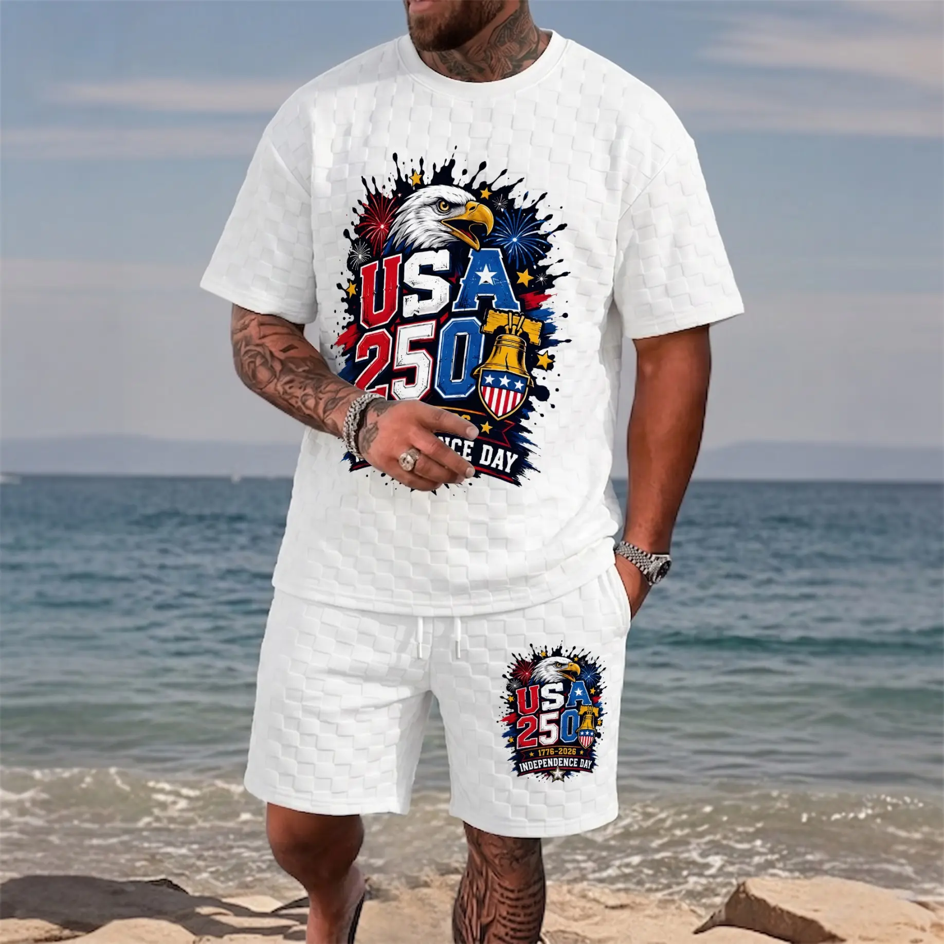 Men’s USA 250 Freedom Graphic Textured Short Set, Casual Two-Piece Outfit Featuring A Short-Sleeve T-Shirt And Drawstring Shorts