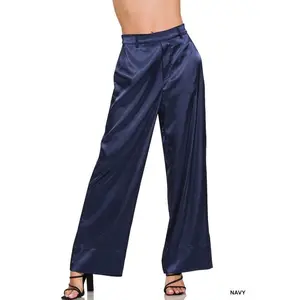 Go Navy Satin Pants Blouse Blue Bottoms Chic Wide-Leg Navy Blue Satin Pants for Everyday & Evening Wear Elegant Womenswear Basic Statement Fashion