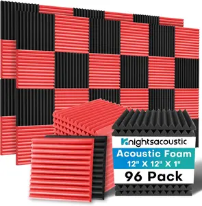 96 Pack Sound Proof Foam Panels for Walls, 1 X 12 X 12 Inches Acoustic Foam Panels, High Density Acoustic Panels Sound Absorbing, Noise Cancelling Studio Wedges Red + Black / No double-sided tape