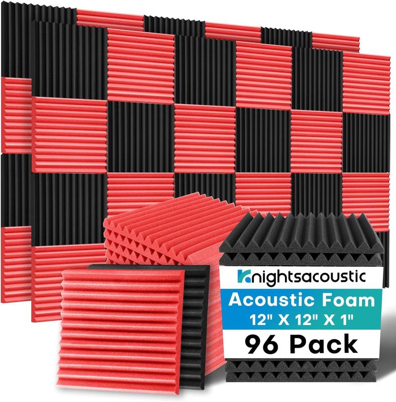 96 Pack Sound Proof Foam Panels for Walls, 1 X 12 X 12 Inches Acoustic Foam Panels, High Density Acoustic Panels Sound Absorbing, Noise Cancelling Studio Wedges Red + Black