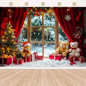 Polyester Christmas & New Year Photo Backdrop, Winter Scene with Xmas Tree & Teddy Bears, No-Electricity Party Decorations Banners, Multi-Size Holiday Backdrop for Weddings, Birthday Events