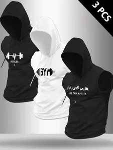 Men's 3-Pack Sleeveless Gym Hoodie, Bull & Dumbbell Graphic Breathable Moisture-Wicking Polyester Stringer Hoodie, Lightweight Quick-Dry Athletic Top, Perfect for Workout, Light Outdoor & Urban Street Style, Graphical Hoodie