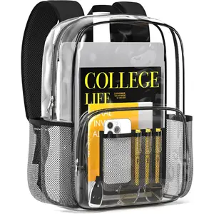 Clear Backpack - Multi-Pocket Bookbag, Cold-Resistant PVC  Work Bag & College Backpack with Padded  Straps for Travel, Festival, 16.0" x 12.0" x 7.0", Black