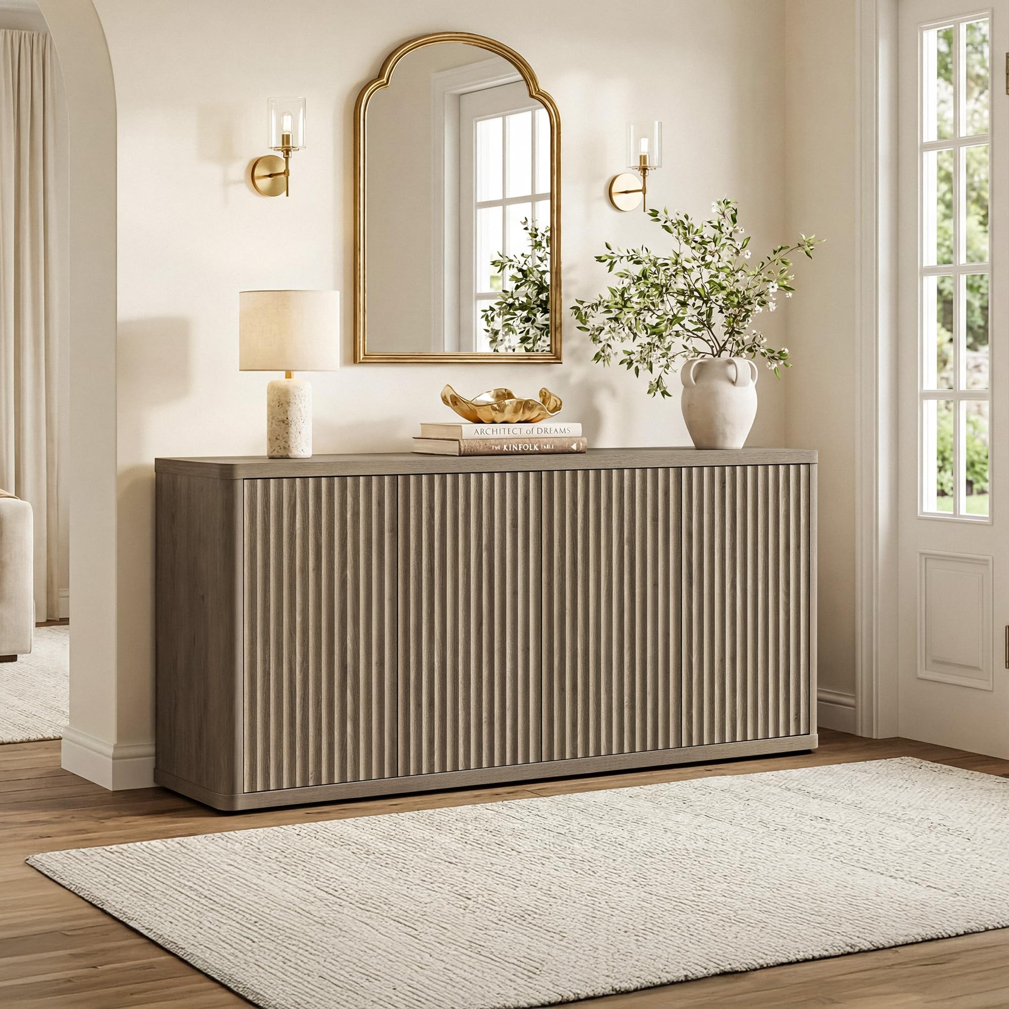 SICOTAS Modern Long Fluted TV Stand - Single Unit Media Console with Storage, Solid Base Entertainment Center for 65" TVs, Living Room Furniture, Storage Space