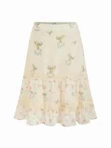 Cider Chiffon Ditsy Floral Low Rise Tiered Lace Trim Midi Skirt
