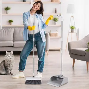 3-In-1 Broom And Dustpan Set, Soft Bristle, 180 Degree Rotatable Broom Dustpan Combo Long Handle For Home Floor Cleaning, Cleaning Supplies, Gray