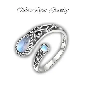 S925 Mother's Day Vintage Daisy Pattern Synthetic Moonstone Opening Ring Bohemian Design Adjustable Finger Ring Simple Geometric Fashion Jewelry Gifts for Women