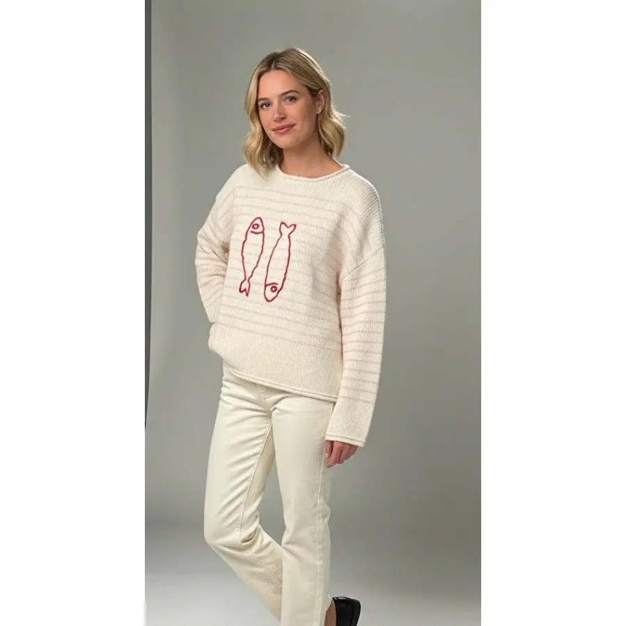 Chloe Stripe Twin Sardines Cotton Sweater in Pink