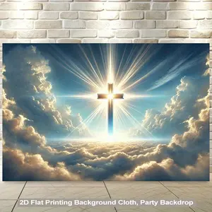 2D Flat, 1pc Christian Cross Religious Backdrop Banner - Radiant Cross with Heavenly Clouds & Sunbeams in Blue & Golden, No Electricity Needed, Easy Hang Wallpaper-like Decoration for Church, Home, Office, Wedding, Baptism, Easter - Durable Polyester