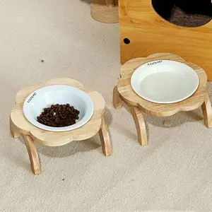 Elevated Cat Bowl with Flower-Shaped Wood Stand - 7cm Height & Ergonomic 15° Tilt for Comfort, Ceramic & Easy Clean (No Chin Acne!) , Dishwasher Safe - Stylish, Stable Mealtime Upgrade for Your Furry Friend