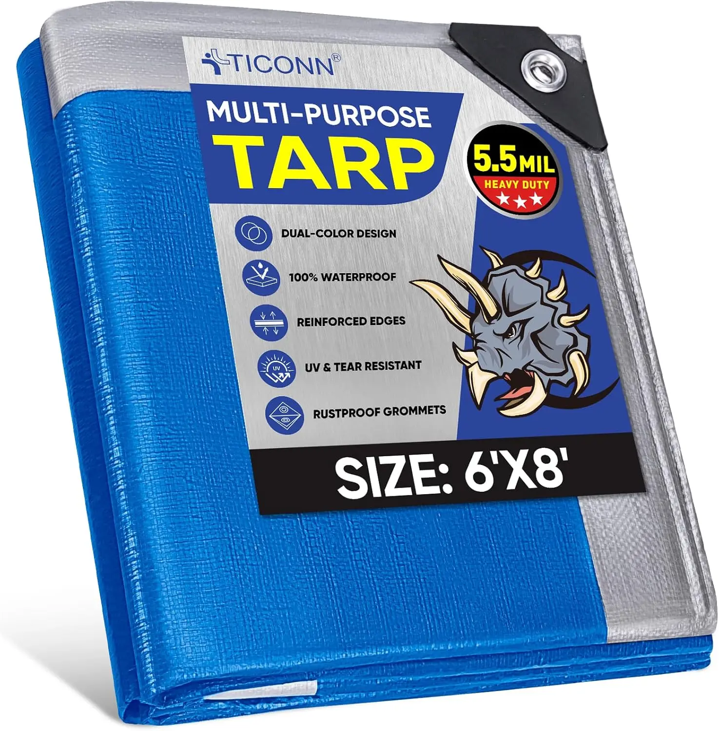 Heavy Duty Tarpaulin Cover, 5.5 Mil Extra Thick Waterproof UV Resistant Tarp with Reinforced Grommets and Edges (6'x8')