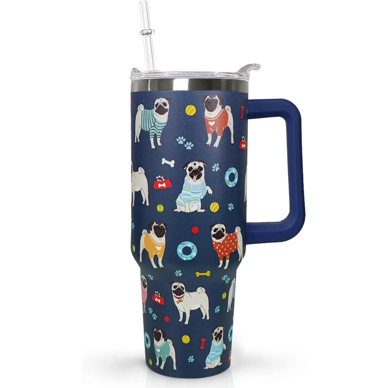 Ceovfoi 40 Oz Stainless Steel Insulated Pug Tumbler with Handle, Lid & Golden Retriever Decor Silicone Sleeve, Portable Coffee Travel Mug Set, Vacuum Flask for Women’s Birthday Gifts, Water Flask, Flasks