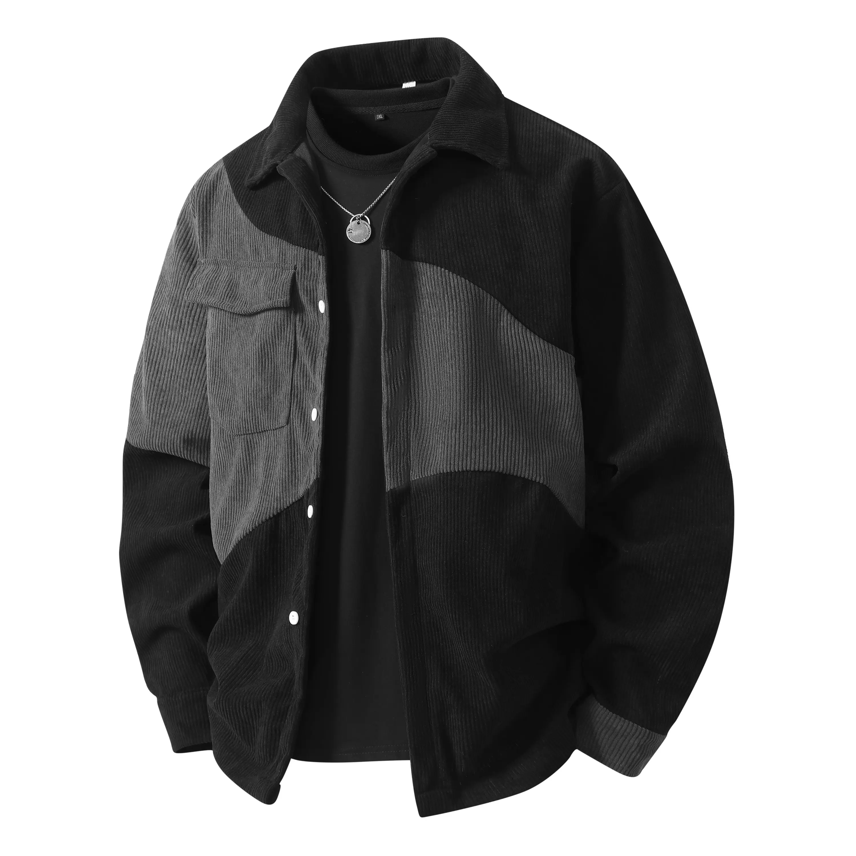 Men’s black and gray color-block corduroy overshirt, button-front long-sleeve textured casual jacket
