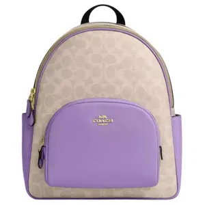 Coach Court 27 Women's Large Backpack with Metal Logo, Coated Canvas and Leather, Purple and Natural