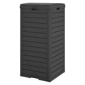 31-gallon outdoor trash can with a lid and a hidden base for easy cleaning, made from weather-resistant resin that withstands wind, sun, and rain, ideal for home and garden use