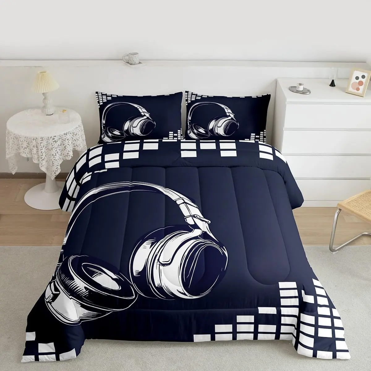 Kids Comforter Headphone Printed Bedding Set Music Themed Decor Comforter Set Musical Geometric Quilts Soft Bed Set