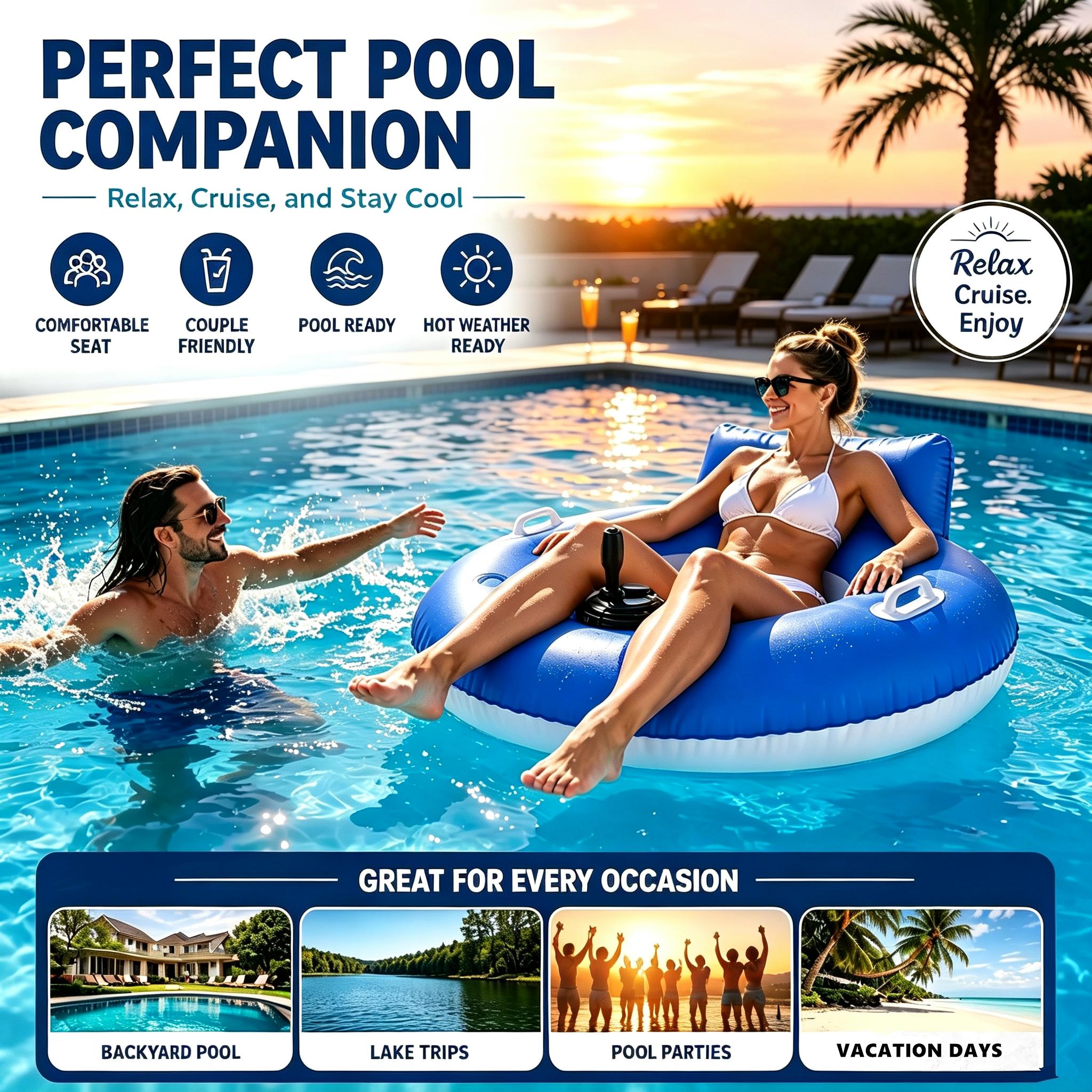 Motorized Inflatable Water Lounge Chair with Dual Underwater Thrusters, 360° Steering Floating Pool Recliner for Adults, Electric Water Float for Lake & Pool Entertainment