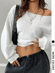 Women's Off-Shoulder Crop Sweatshirt - Tops, Womenswear, Casual Streetwear & Daily Wear, Soft Knit Fabric, Long Sleeve, Single Piece - White/Black/Gray Color Options