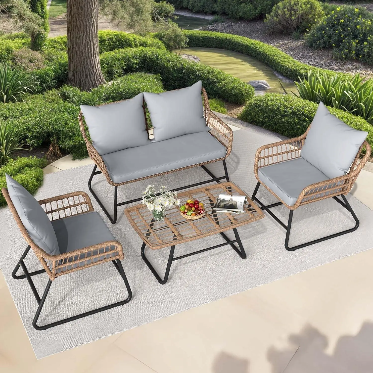 4-Piece Patio Furniture Set with PE Rattan Wicker Conversation Set, Armless Modular Sofa and Ottoman with Loose Cushions and Pillows All-Weather for Porch, Black