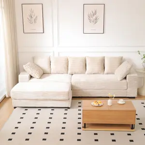 Niccae 108.6" Sectional Sofa, Thickened Corduroy Sectional Couches For Living Room,comfortable L-shaped Chaise Sectional Sofa With Storage Ottoman,Eight Throw Pillows,Beige
