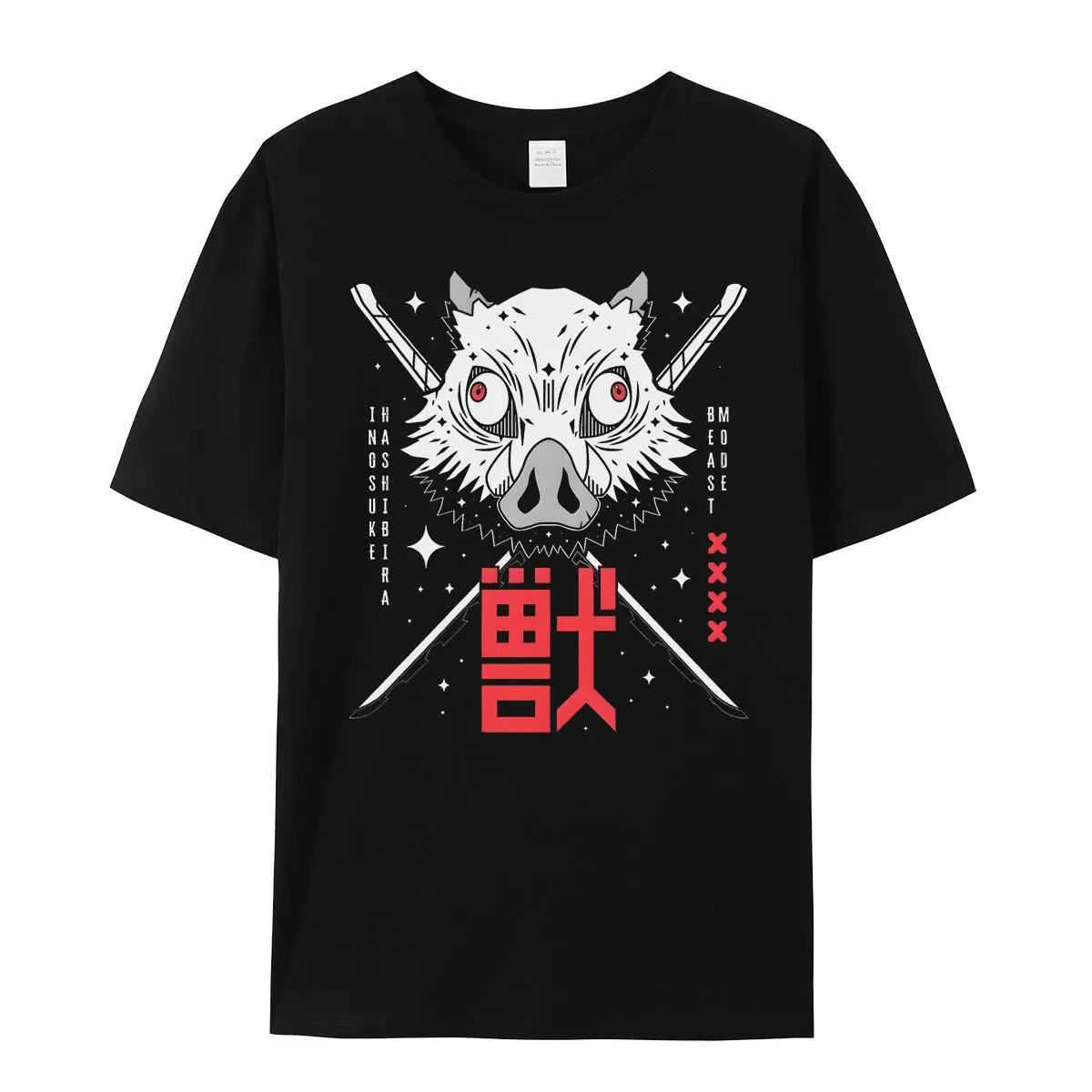 Men's Casual T-Shirt with Cute Demon Slayer Cartoon Figure, Inosuke Otaku Anime Graphic Print, Relaxed Fit Cotton Tee