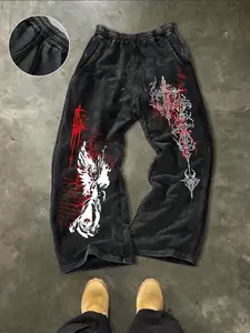 Men's Trace Cotton Long Pants, Angel Pattern Print, Waist Drawstring Design, Super Soft Comfortable, Fall & Winter Casual Wear, Casual Fashion Pants