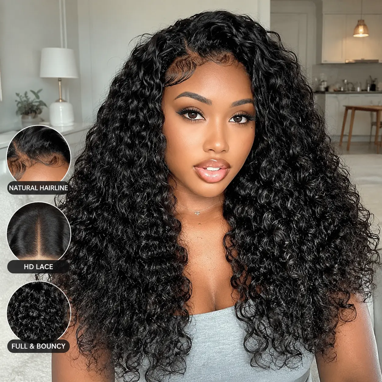 Half Wig Human Hair Deep Wave  Curly 3 In 1 Drawstring Seamless Flip Over Glueless Wear and Go 180% Density for Black Women Beginner Friendly Natural Black Colour#DealsForYouDays