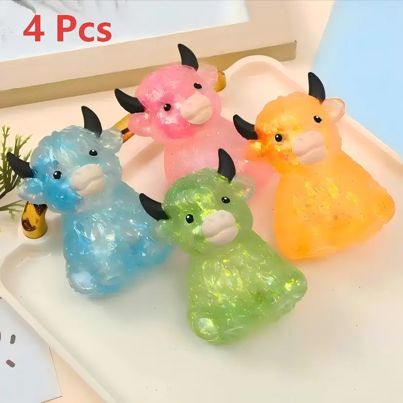 4pcs Mini Highland Cow Squishy Set - Slow-Rising Stress Relief Gadget, ADHD Sensory Fidget Toy, Oddiy Satisfying Fun Gifts, Easter Baskets Stocking Stuffers for Cow Lovers，Perfect Halloween and Christmas gifts